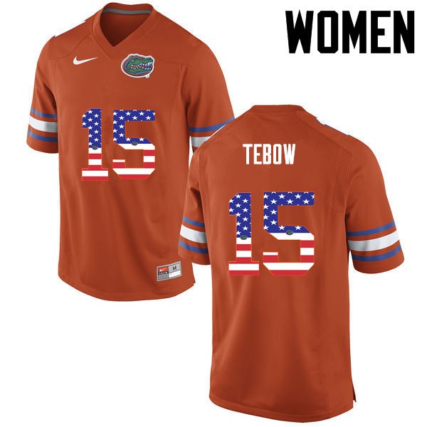 Florida Gators Women #15 Tim Tebow College Football Jersey USA Flag Fashion Orange